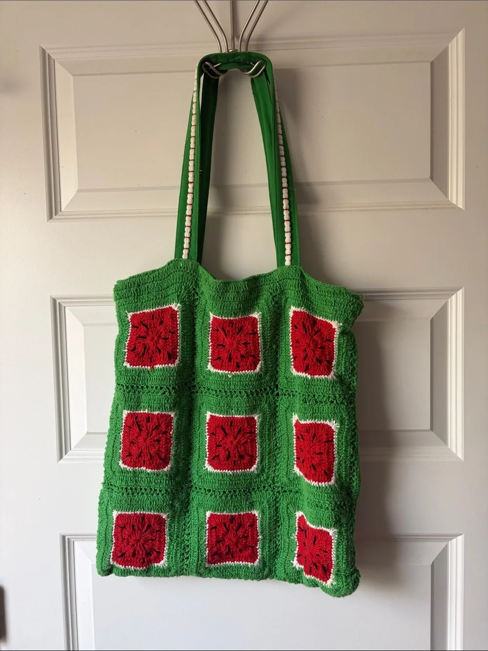 Green Crochet Tote with Red Square Accents